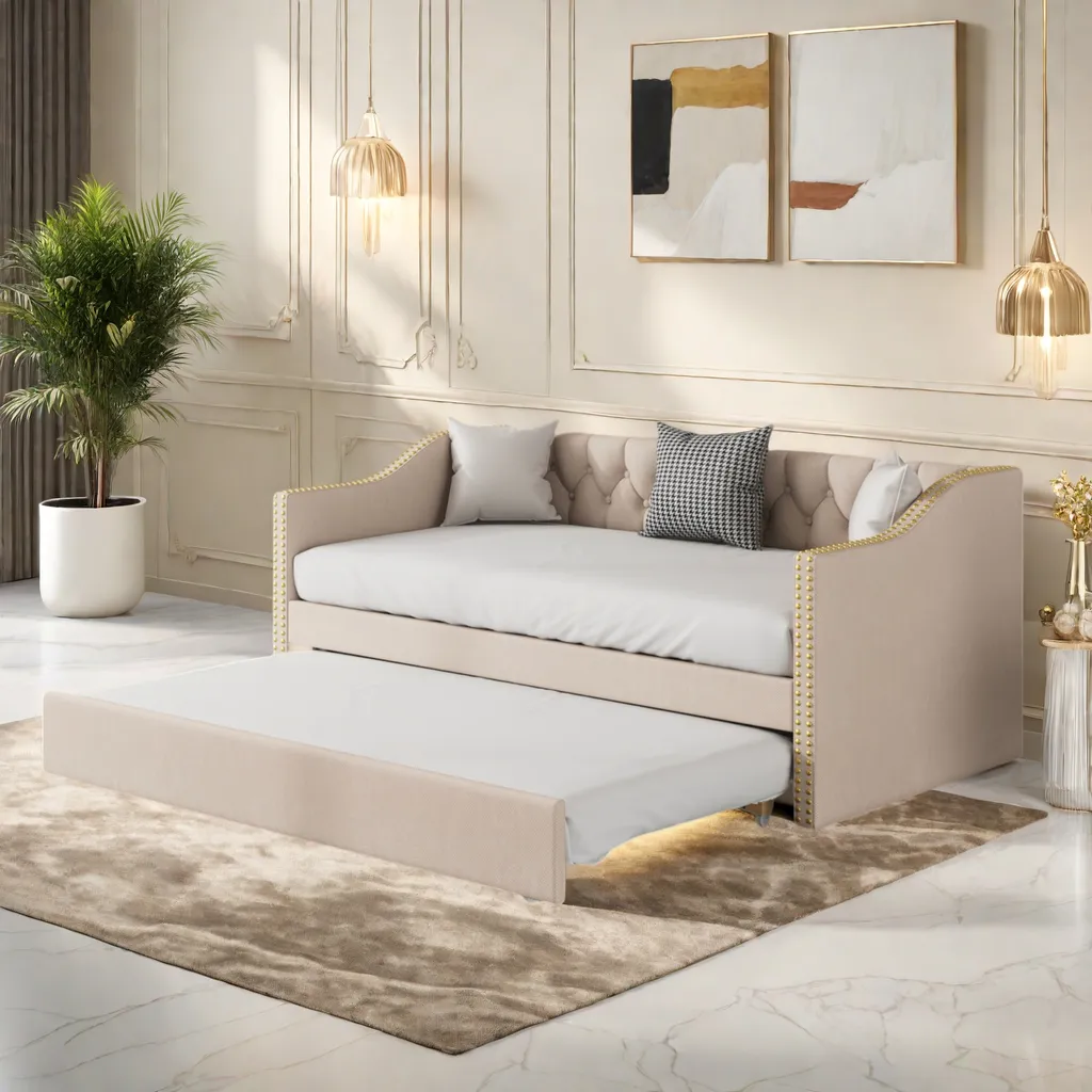 Lit d'enfant 90x200 cm en lin beige extensible avec sommier robuste