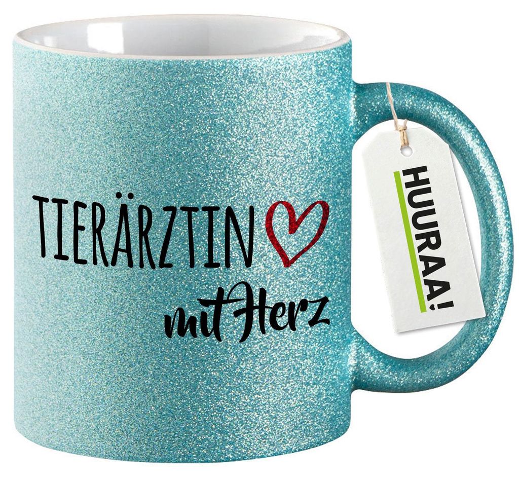 Huuraa Glitzertasse Tierärztin mit Herz 330ml Blau Keramik Kaffeebecher Geschenkidee