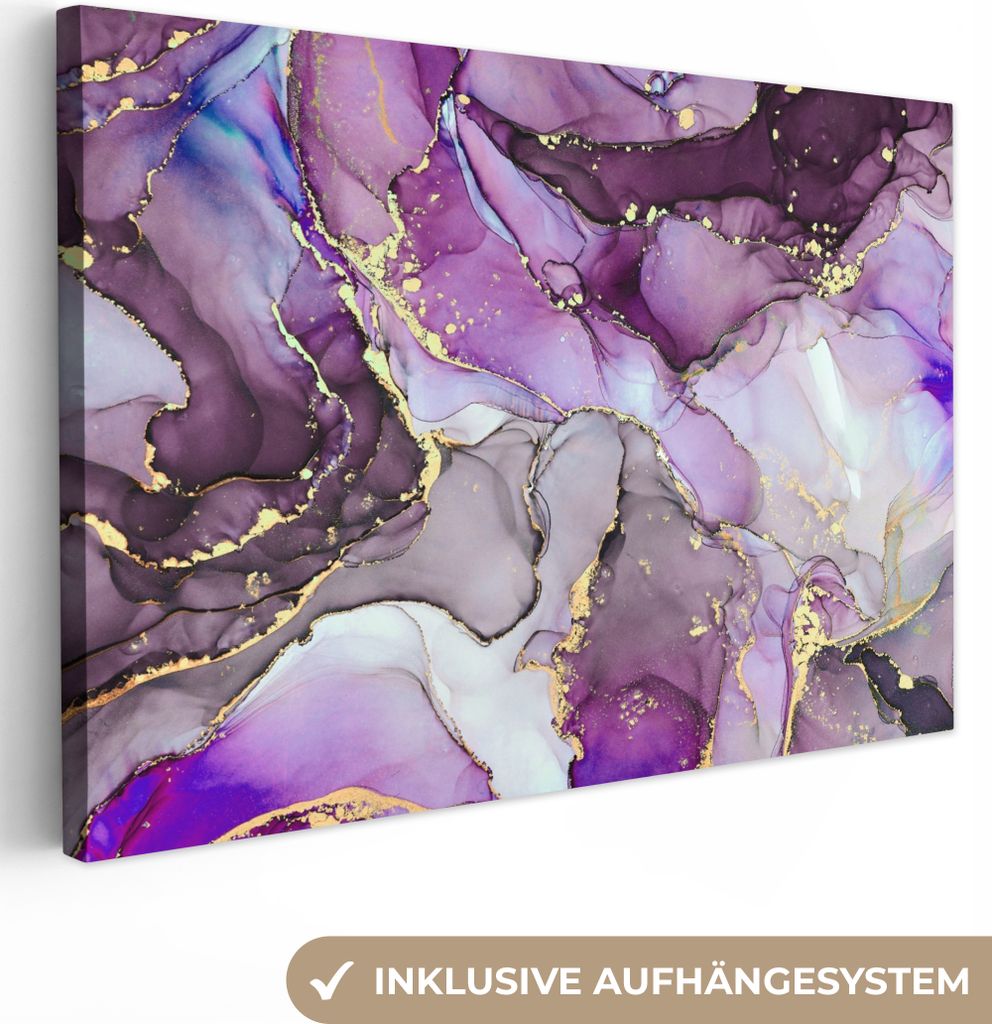 MuchoWow - Leinwandbilder - Marmor - Rosa - Lila - Gold, Wandbild, Wanddeko Bilder Wohnzimmer, 90x60 cm