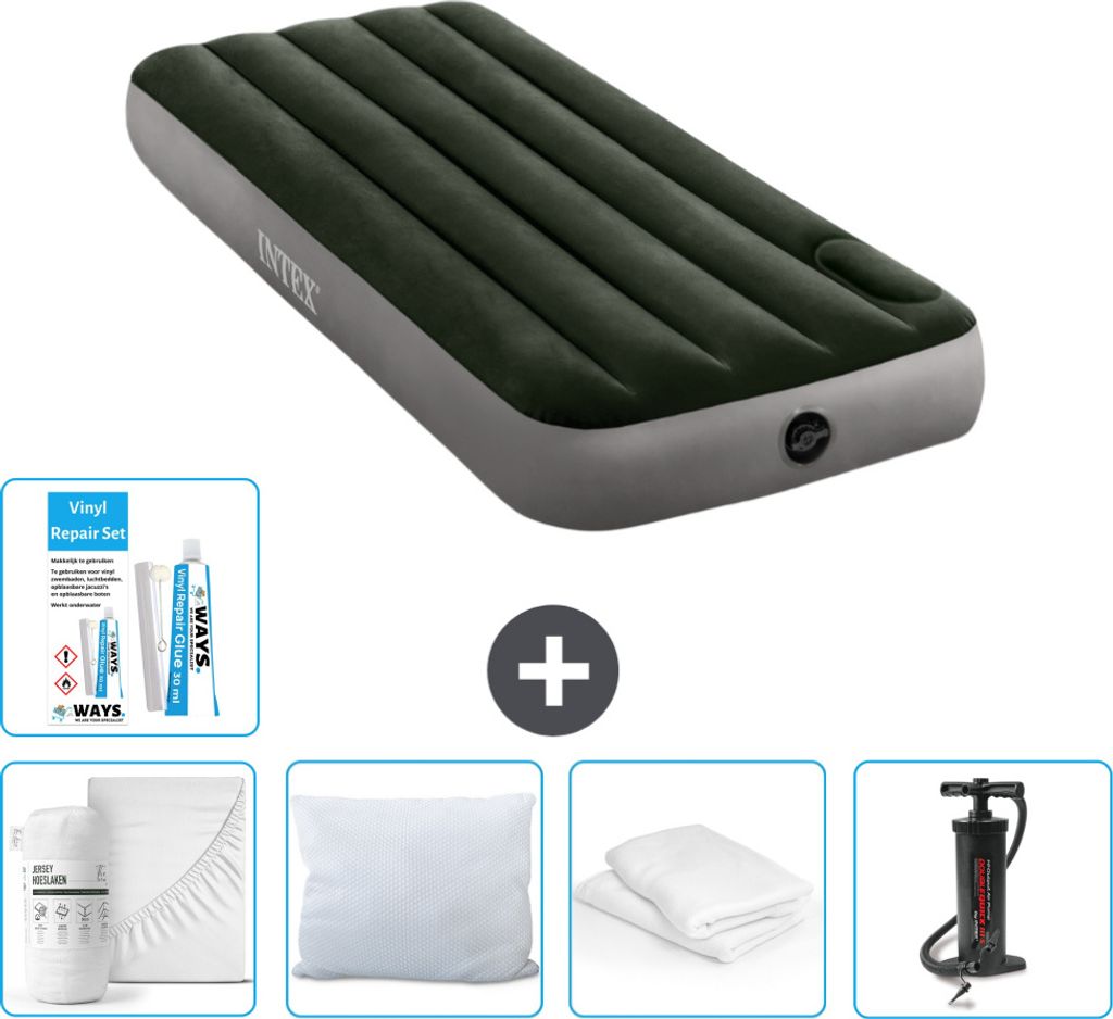 Intex Luftbett - 1 Person - 76 x 191 x 25 cm - Grün - Spannbettuch - Küssen - Pumpe - Reperaturset en Kissenschutz