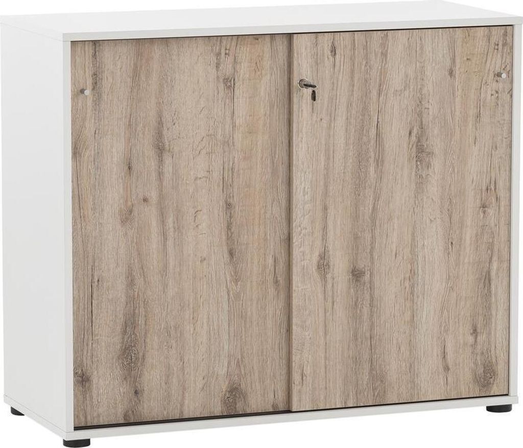 Möbelpartner Aktenschrank Pigeon Large | HxBxT 83,6x100x41cm | 2 Fächern & 2 abschließbare Schiebetüren | Weiß/Eiche