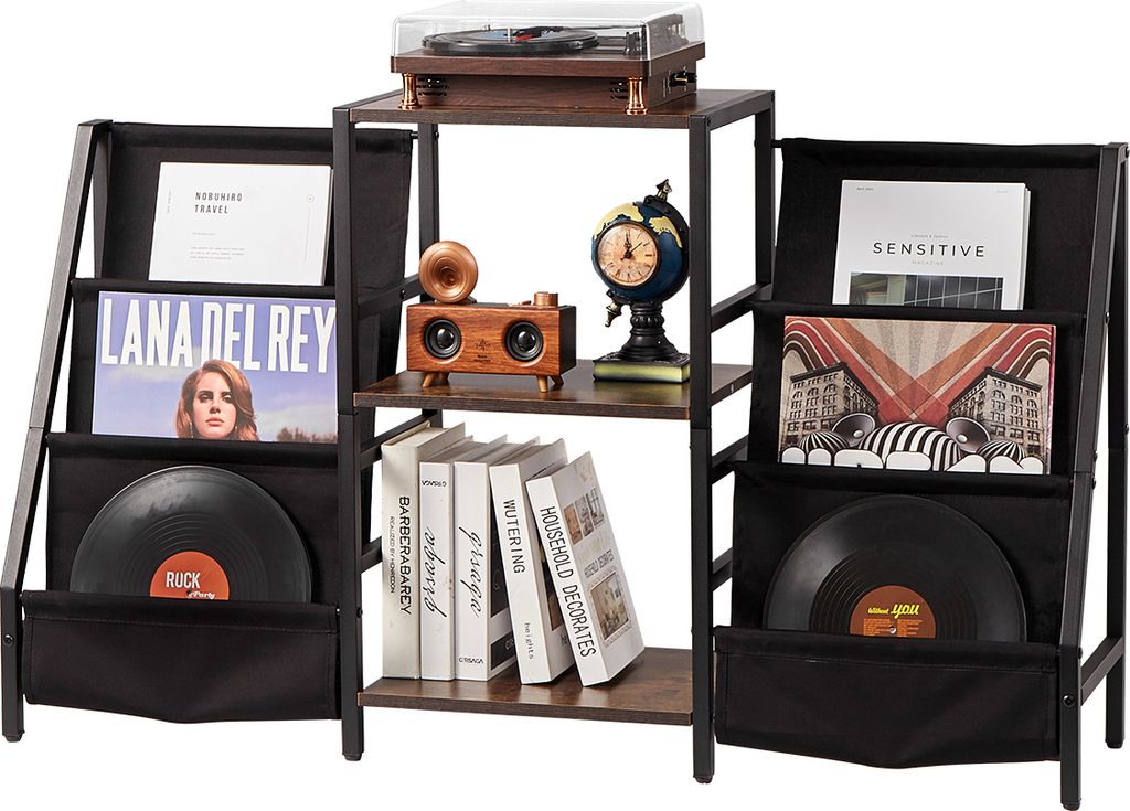 A vinyl record storage and display unit with a turntable on top, books, and decorative items.