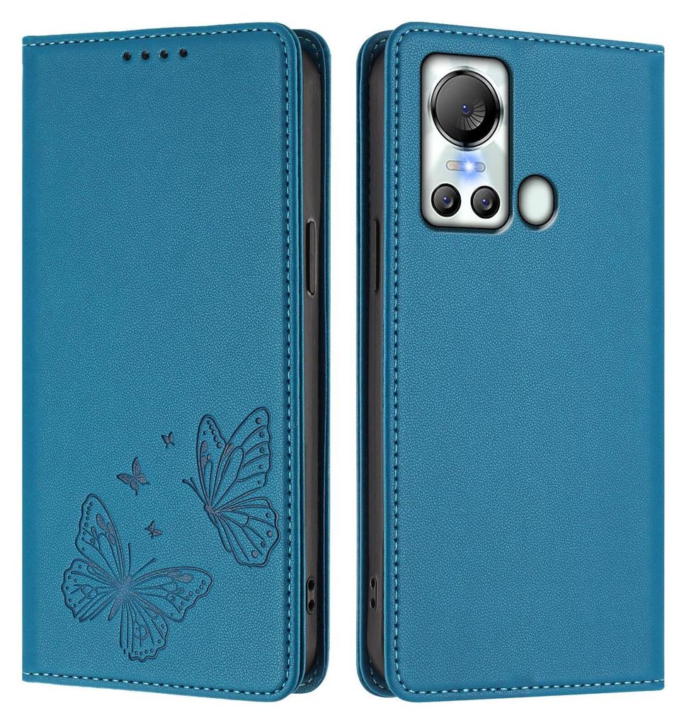 Lederhülle für itel S18/itel Vision 5, Schmetterling Prägung Leder Brieftasche Schutzhülle mit Ständer Blau