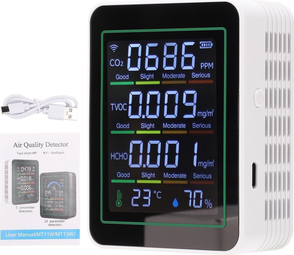 5 in 1 Luftqualitätsmonitor, WiFi Indoor CO2 Messgerät für Tuya Smart, HCHO TVOC Detektor mit LCD Display, Infrarotsensor, Temperatur Luftfeucht...