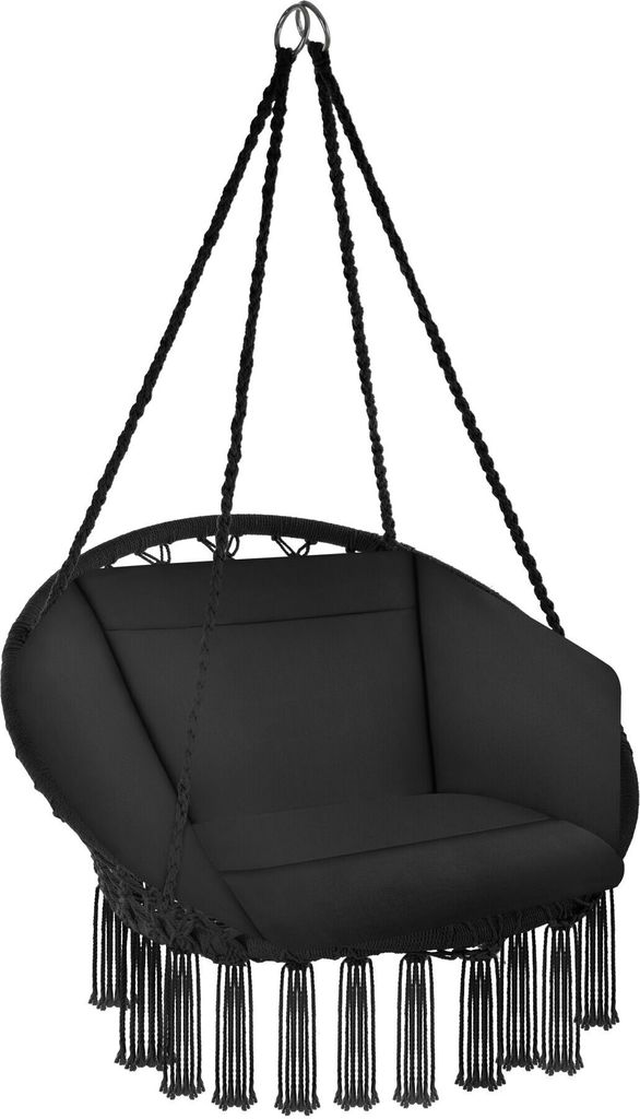 A black hanging chair with fringe detail, suspended by ropes.