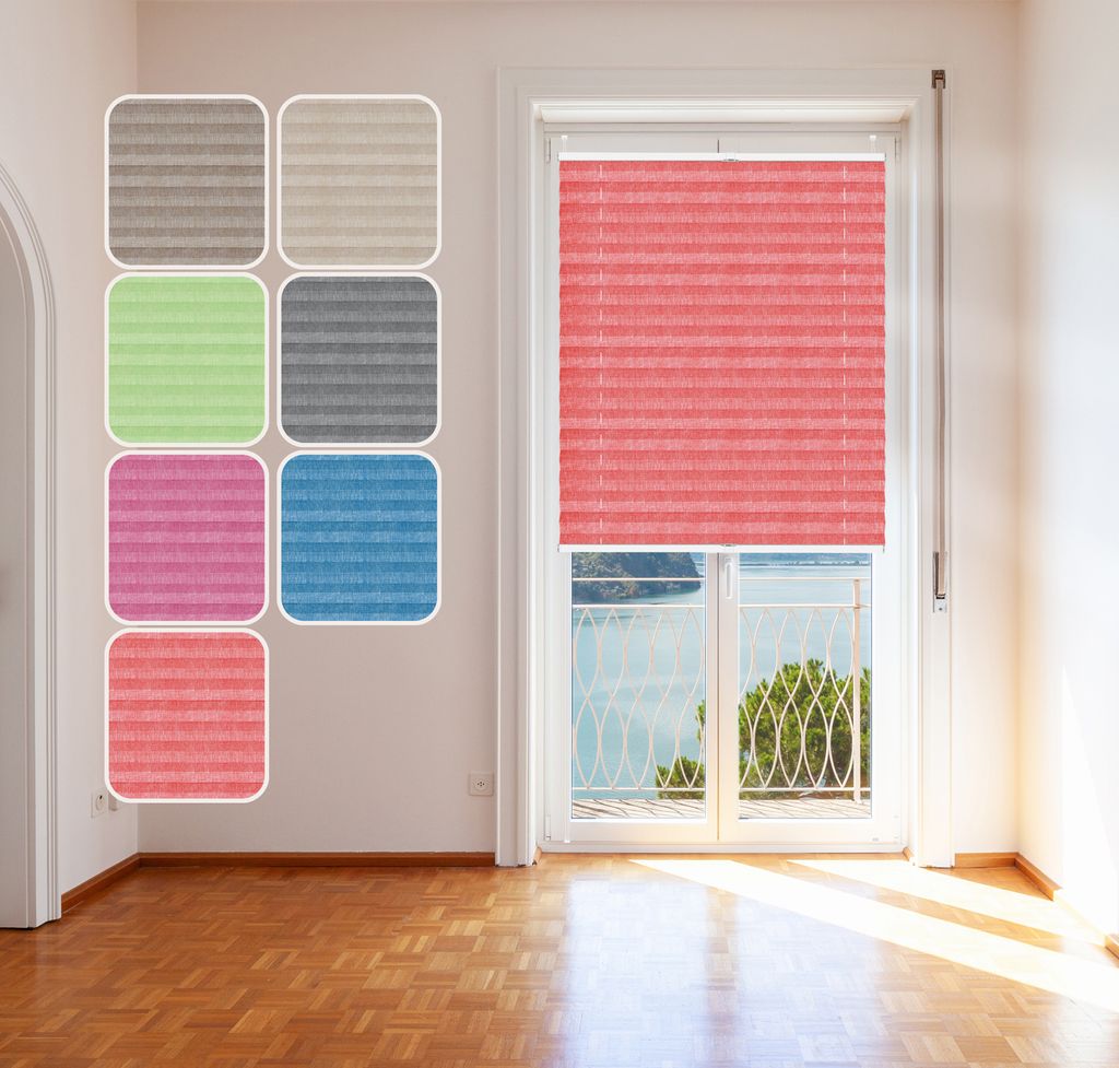 Plissee Rot 60x120cm mit Alu-Profil, Stoff in Jeans-Optik, KlemmFix Halterung ohne Bohren, Melange