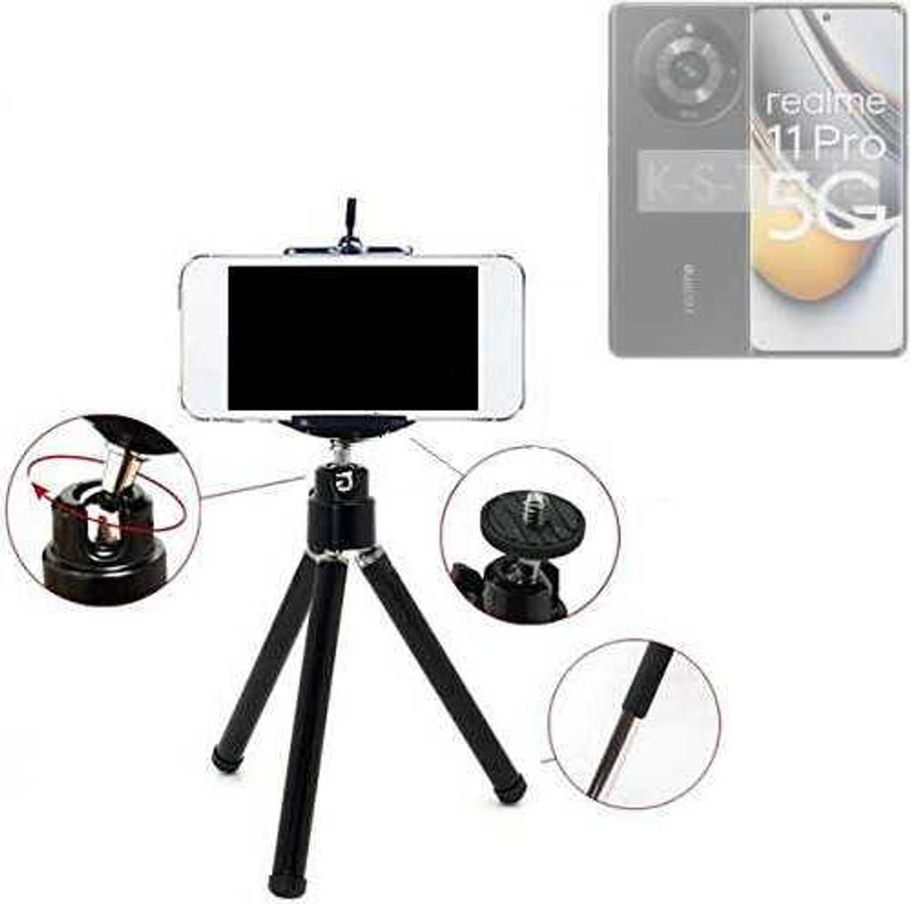 K-S-Trade Smartphone Stativ Dreibein kompatibel mit Realme 11 Pro Tripod aus Aluminium Klemmstativ Stativ Adapter für Mobiltelefone schwarz 1x