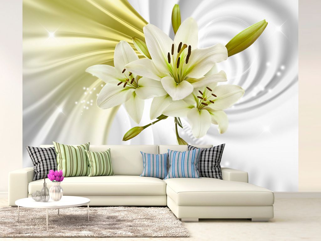 Vlies Fototapete Blumen Lilien 400x280 cm Tapeten Wandtapete XXL Abstrakt Weiss Grau Silber Grün b-A-0317-a-d