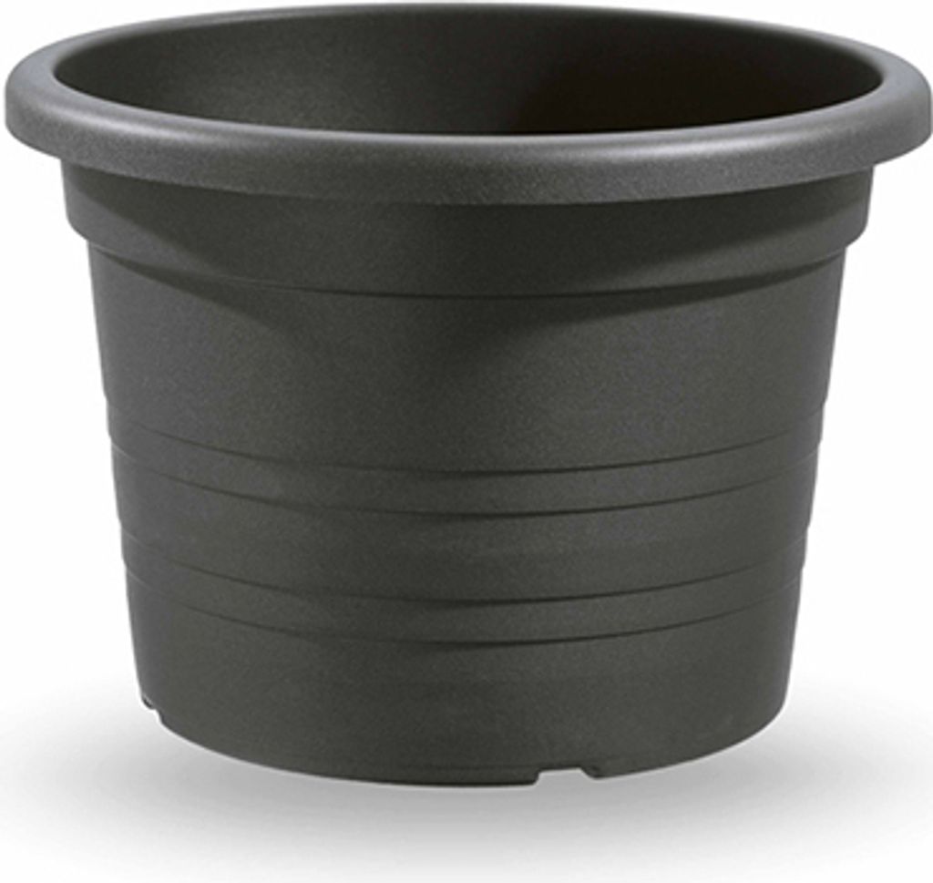A dark gray plastic planter pot is shown against a white background.