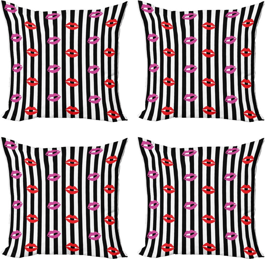 ABAKUHAUS küssen Kissenbezug Set (4 Stück), Lippenstift Drucke auf Streifen, Moderner Doppelseitiger Digitaldruck, 45 cm x 45 cm, grau Multicolor