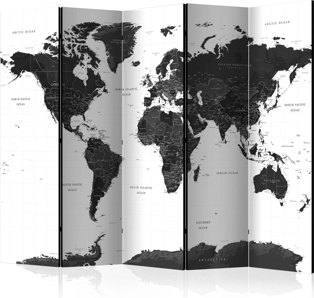 5-teiliger Doppelseitiger Vlies Paravent - Black and White Map II 225x172 cm Karten k-A-0422-z-c