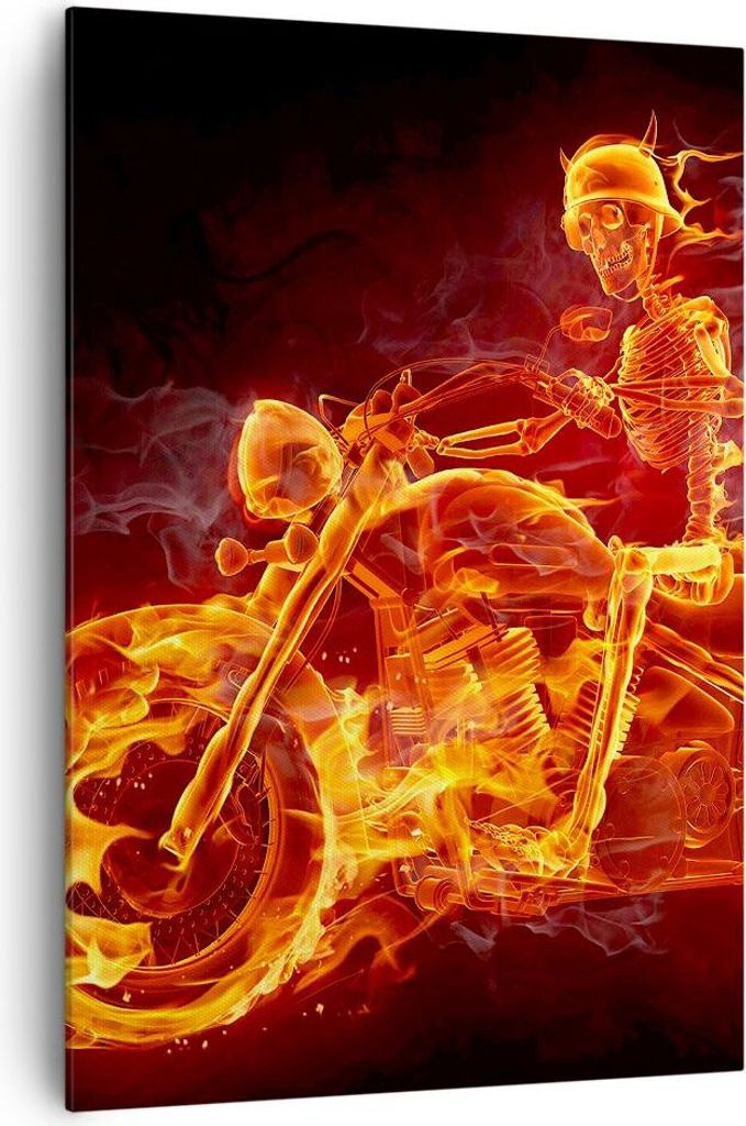 Bild auf Leinwand - Leinwandbild - Einteilig - Motorrad Flammen Skelett - 70x100cm - Wand Bild - Wanddeko - Wandbilder - Leinwanddruck - Wanddekora...
