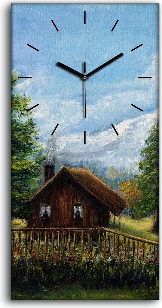 Wanduhr Leinwand Bild Uhr Quarz 30x60 Blume Haus Bäume Wiese Berg Landschaft - schwarze Hände