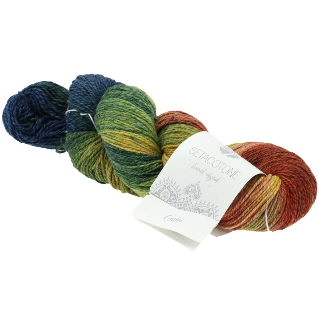 A skein of yarn with a tag attached.