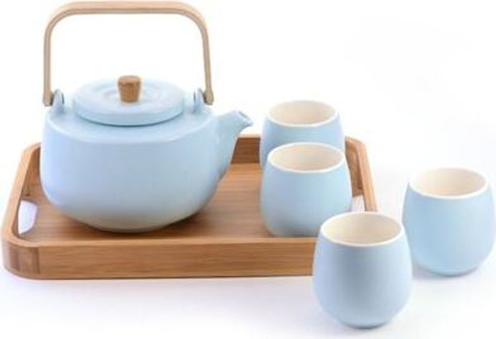 Tee-Set "Beppo" Porzellan, mit Bambustablett, 6-teilig mit Edelstahlsieb, Kanne 0,9 l, Cup 0,175 l Tablett 30,5 x 23 cm
