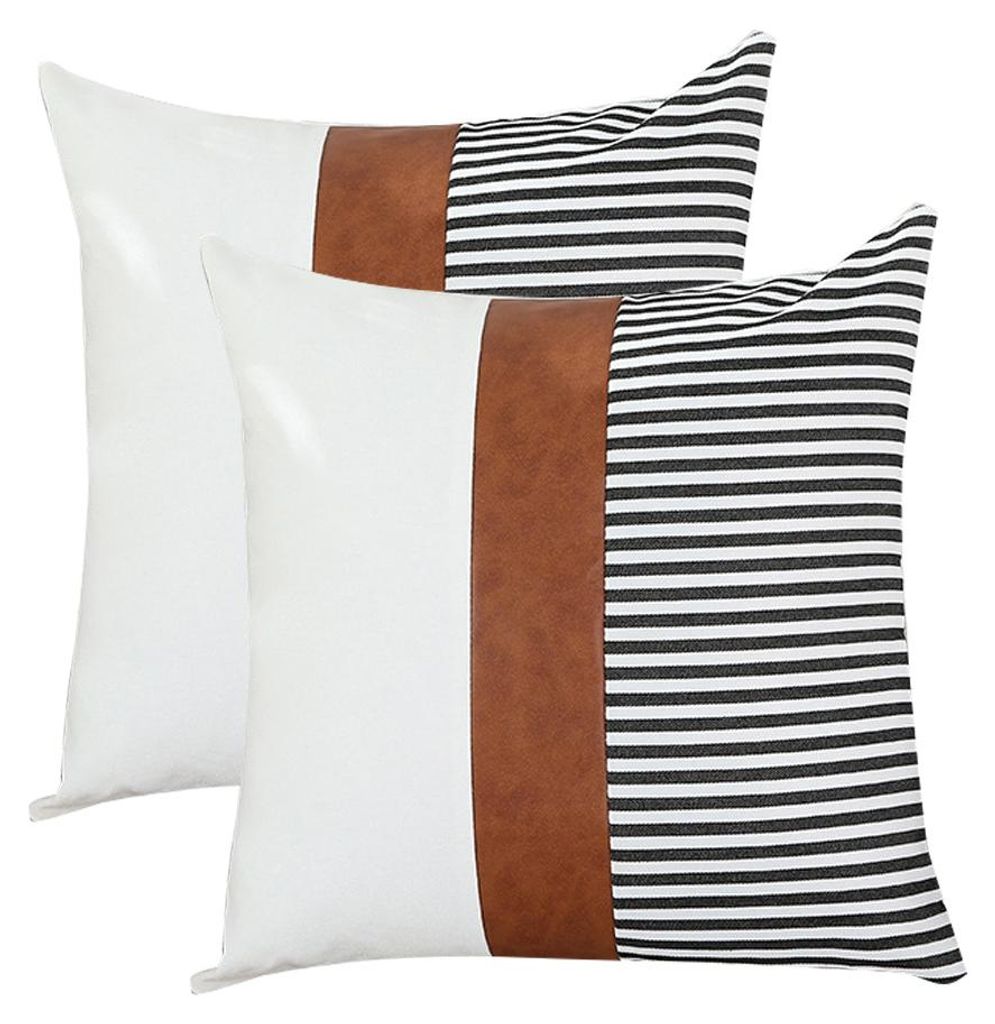 Set mit 2 Kissenbezügen aus Leinen mit Streifenmuster und Patchwork-Design, moderne Zierkissenbezüge aus Kunstleder