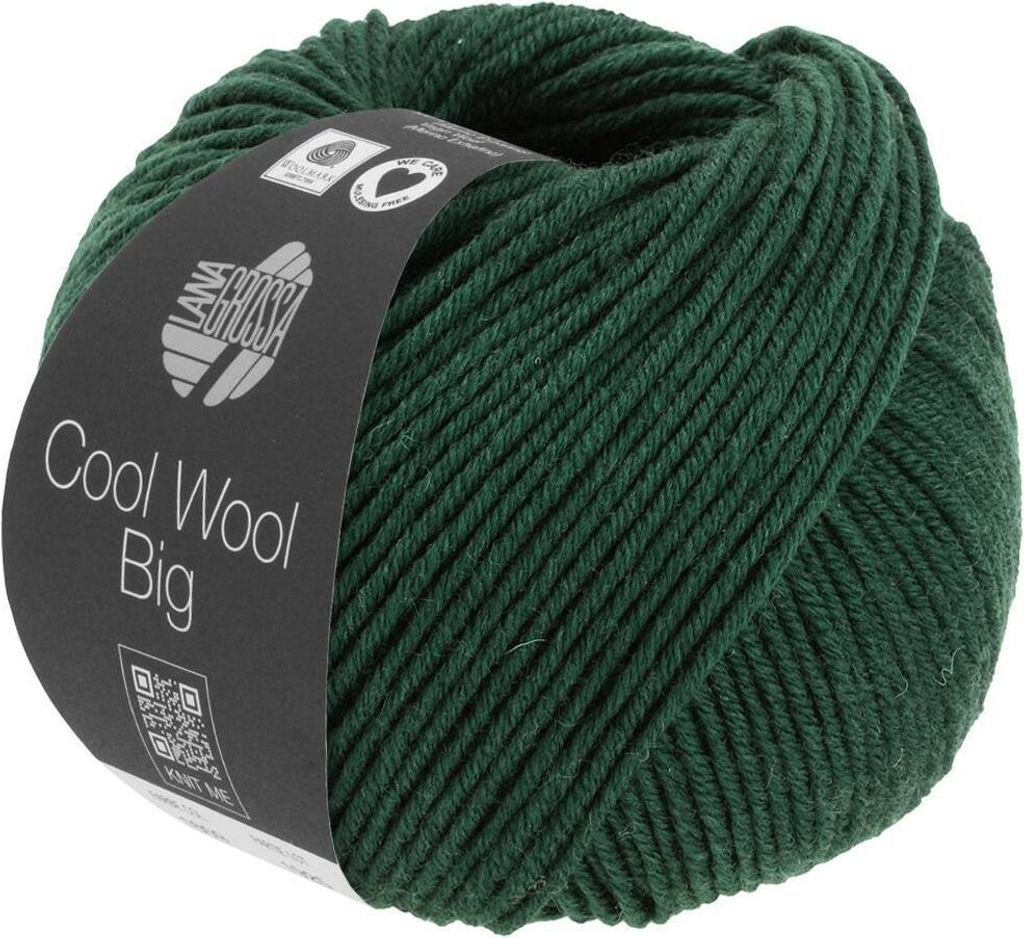 A ball of dark green yarn with a label.