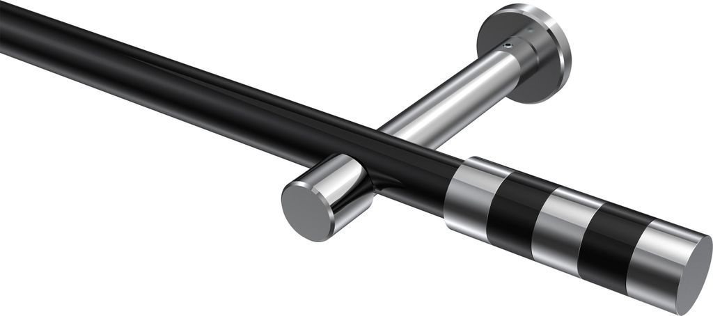 Interdeco Gardinenstange / Vorhangstange Schwarz / Chrom, Typ Prestige Mavell (Zylinder Bicolor) ohne Ringe, 20 mm Ø 1-läufig, 160 cm