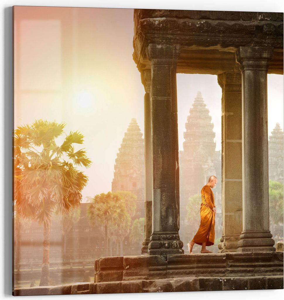 DEQORI Glasbild Echtglas 30x30 cm 'Mönch in Tempelanlage' Wandbild Bild modern Deko