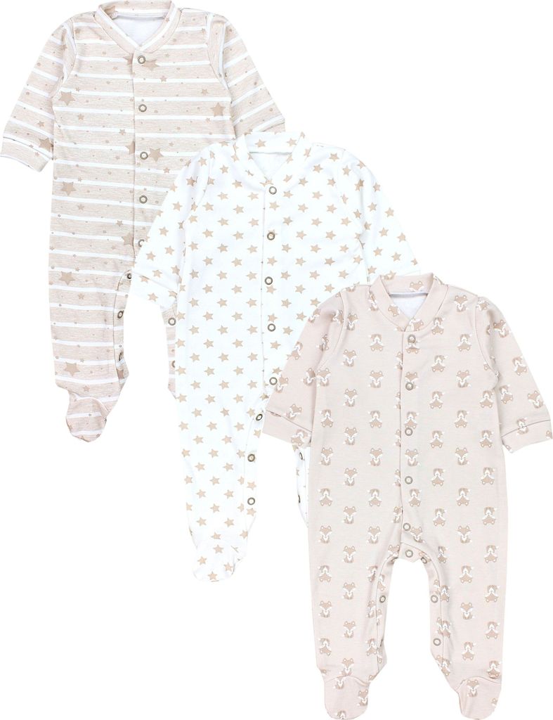 TupTam Baby Jungen Schlafstrampler Langarm Strampler Schlafanzug mit Fuß 3er Pack, Farbe: Fuchs Beige Streifen Sterne, Größe: 68