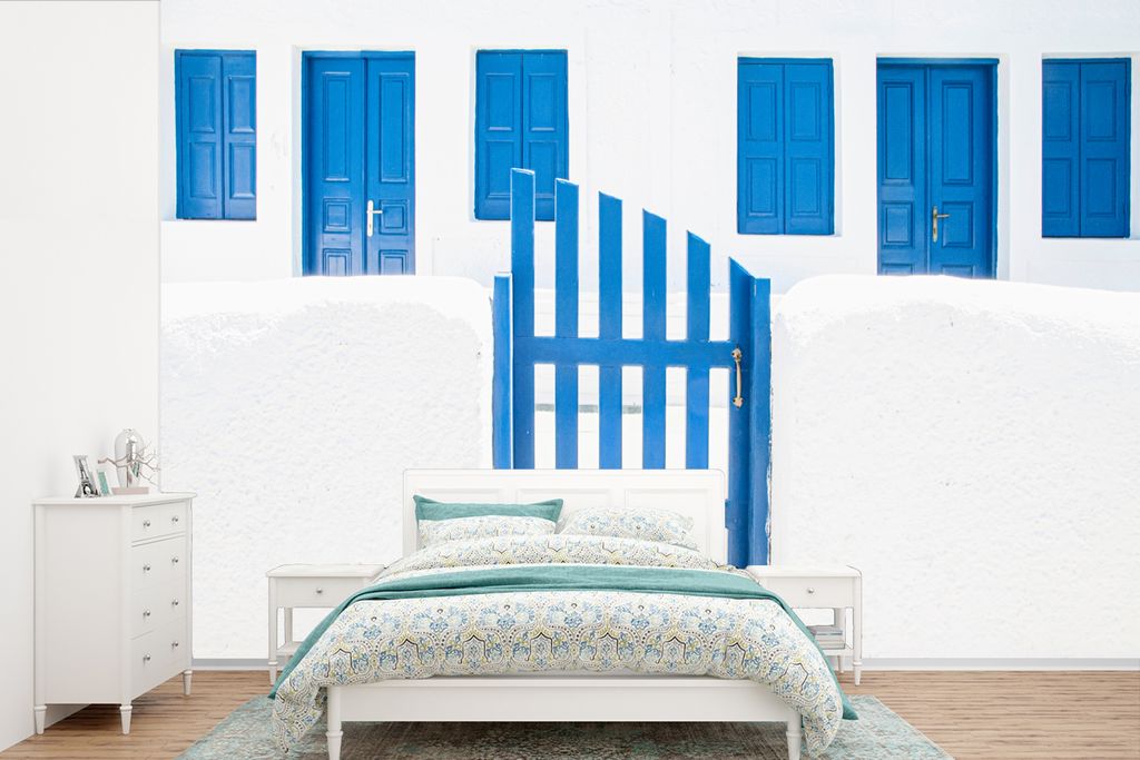 MuchoWow Fototapete für Wohnzimmer oder Schlafzimmer Wandtapete Vinyl Motivtapete Architektur - Zaun - Weiß - Blau - Türen - 450x300 cm - Gemu...