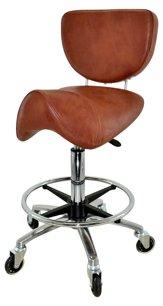 Sattelhocker mit Lehne in Hellbraun, höhenverstellbarer Rollhocker von 55-75 cm mit Fußring, Drehhocker für Büro und Praxis