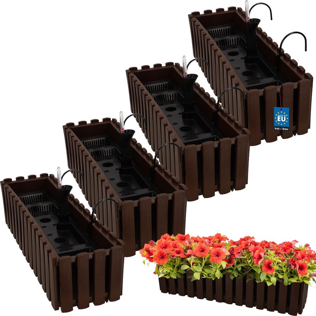 KOTARBAU 4er Set Blumenkasten Balkon Blumentopf Selbstbewässernd 58x18x16cm Braun Kunststoff Blumentopf Balkongeländer Bewässerungssystem Blum...