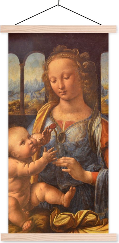 MuchoWow Textilposter Madonna mit der Nelke - Leonardo da Vinci 60x120 cm mit holzfarbenen Rahmen - Holz
