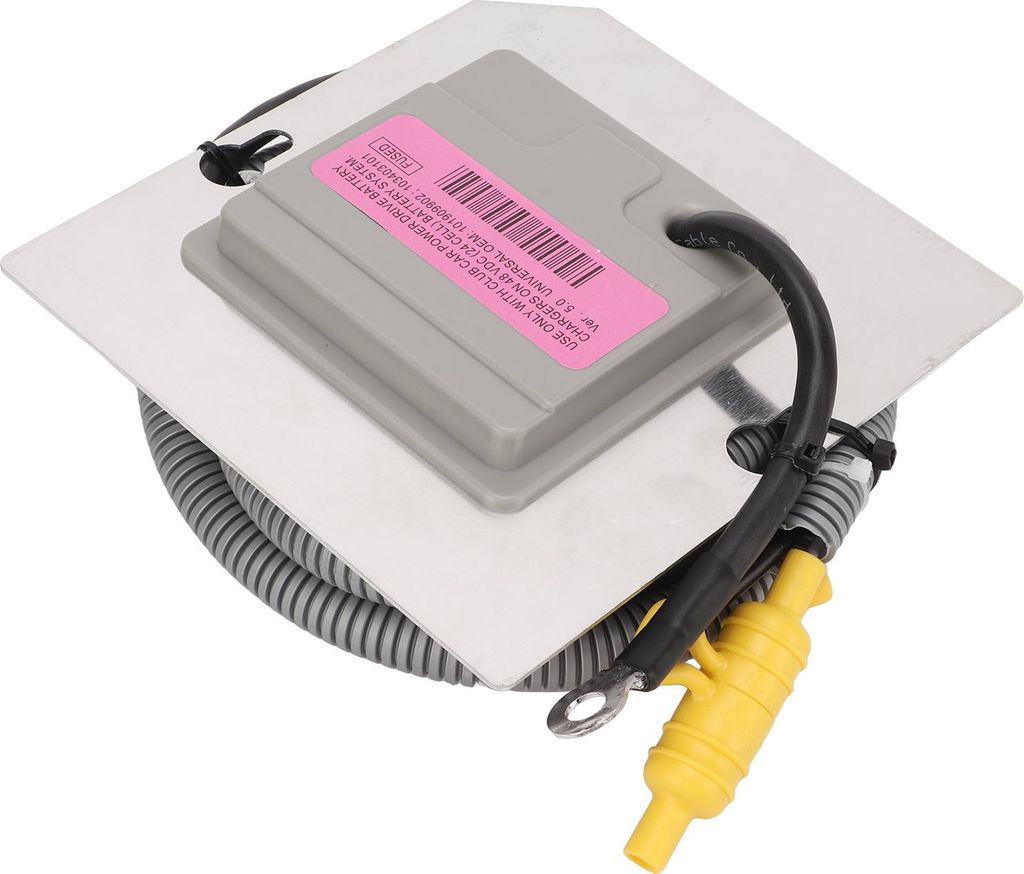 A close-up, slightly angled view of an electronic component mounted on a metal plate, with wires and a coiled cable.