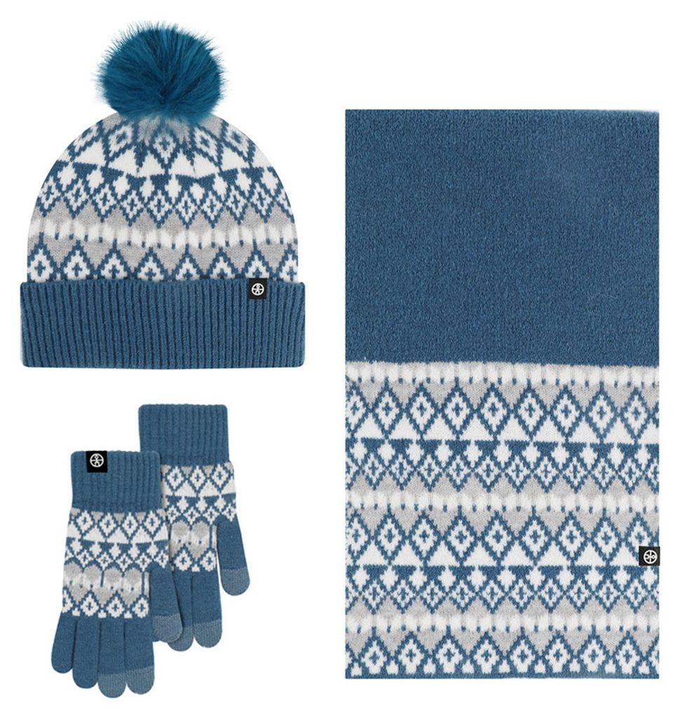 Damen Wintermütze, Schal und Handschuhe Set mit Bommel, warme Mütze, langer Strickschal, Touchscreen-Handschuhe, dick und warm, 3-in-1-Set