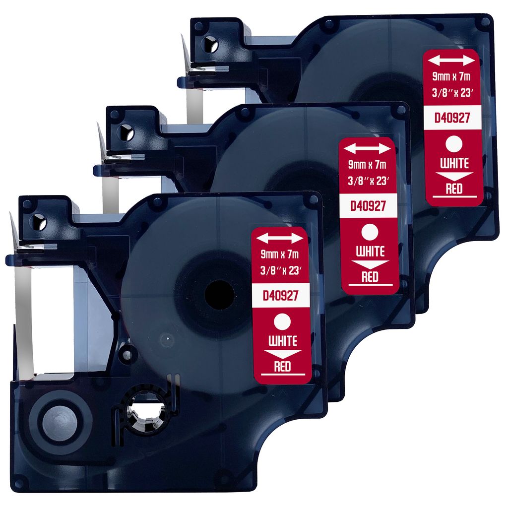 DULA Etikettenband - Kompatibel mit Dymo D1 40927 - 3 Stück - Weiß auf rot - 9mm x 7m