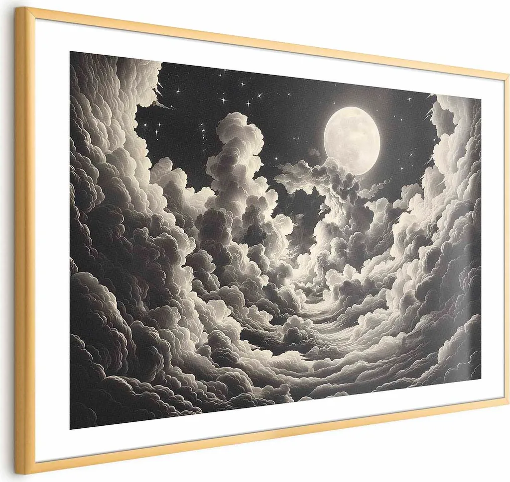 Poster Luna tra le nuvole 90x60 cm con cornice dorata con margine