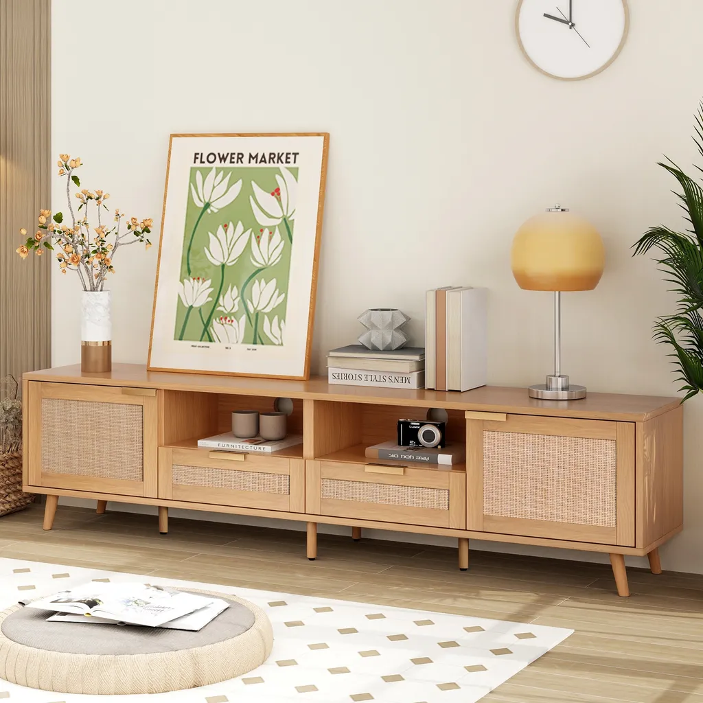 Meuble TV Lowboard Style Scandinave en Chêne et Cannage Rotin Naturel