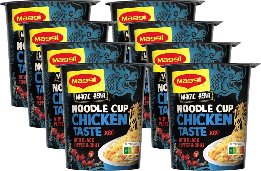 A group of Maggi Magic Asia Chicken Taste Noodle Cups are arranged in a grid formation against a white background.