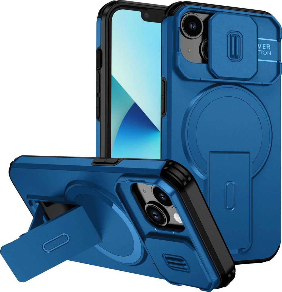Magnetisch Hülle für iPhone 14/iPhone 13, Dual Layer Stoßfest Handyhülle mit Dia Kameraschutz, Verstellbarem Ständer Blau