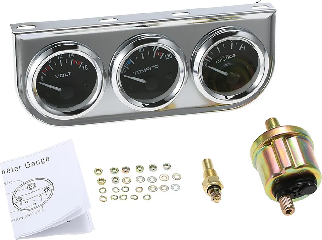 Kit Manomètre 3 en 1 de 52mm : Pression Huile, Eau et Voltmètre Chrome