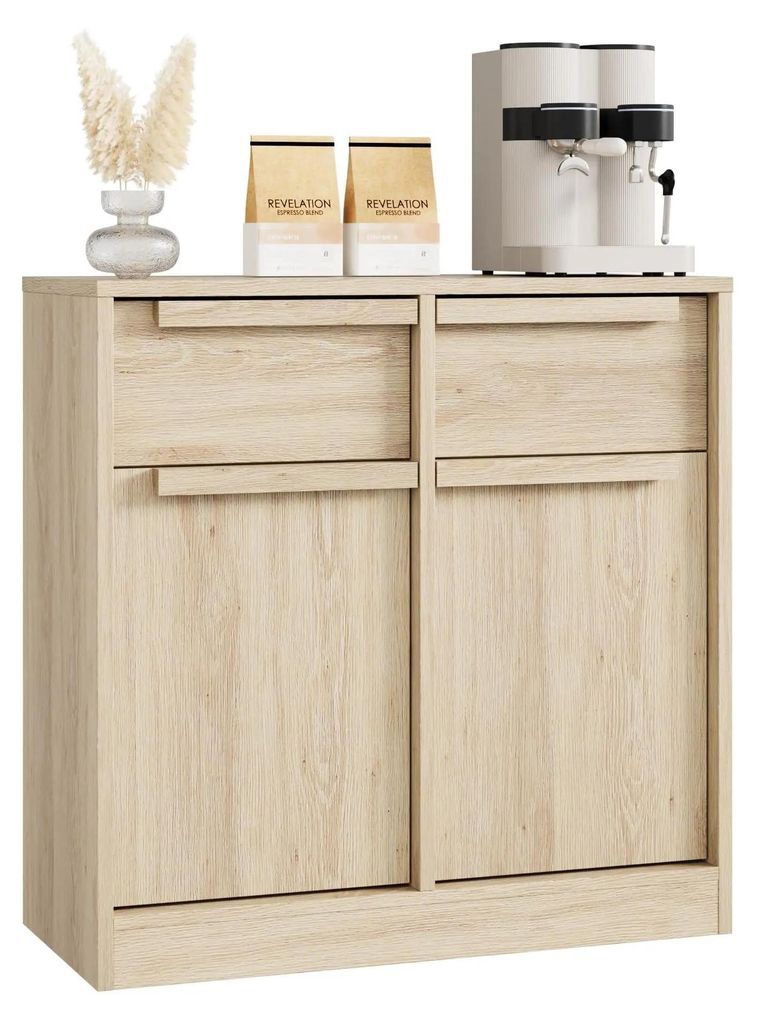Modernes Sideboard Holz Kommode - Buffet Schrank mit 2 Türen und 2 Schubladen - 80 cm Stauraum - Anrichte Kaffee Bar Tisch - Holzoptik
