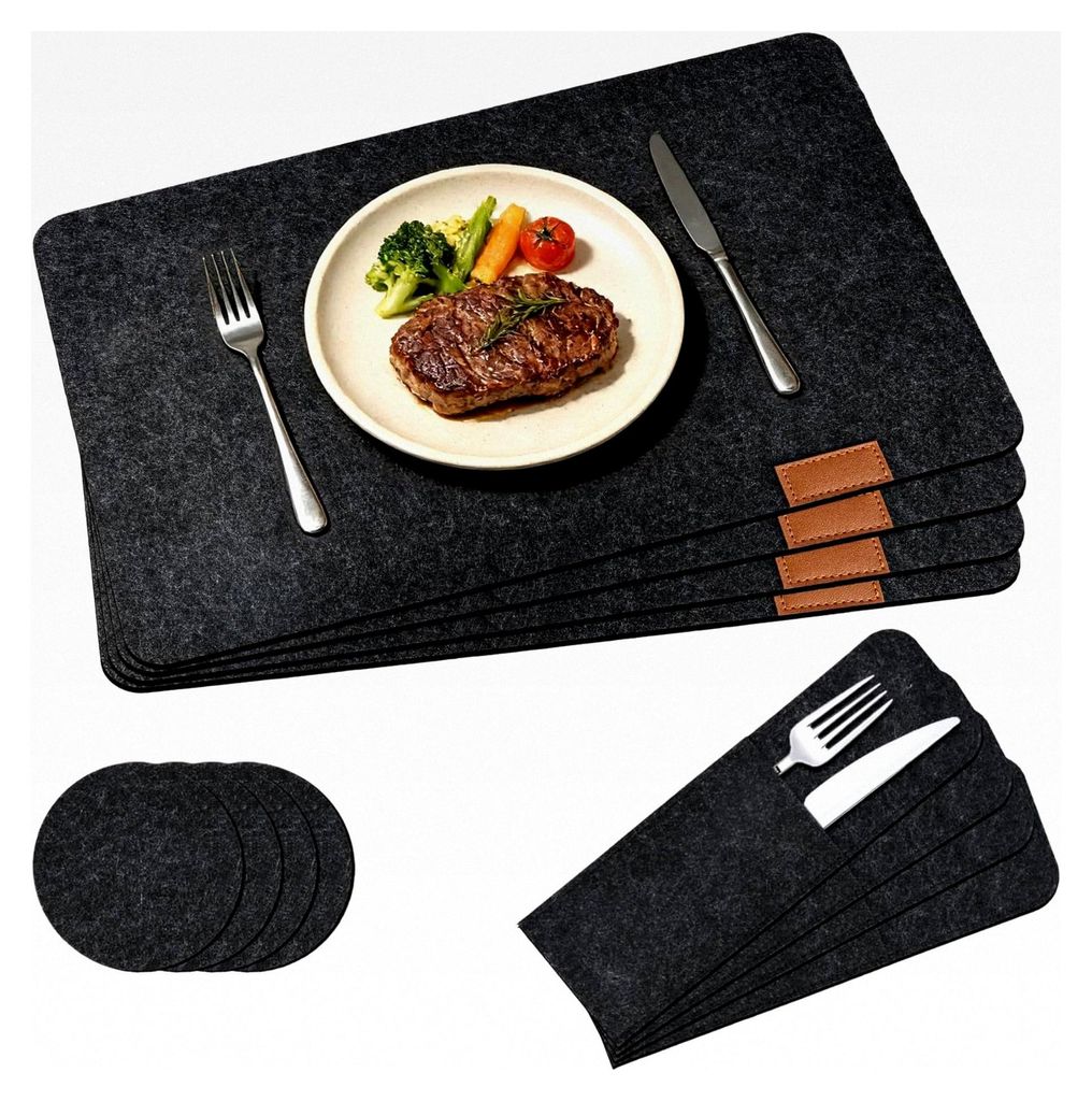 Abwaschbare Tischsets 12er Set, Filz Tischset mit Untersetzern und Bestecktaschen, rutschfeste Platzsets für Tisch, Bar und Küche in Dunkelgrau