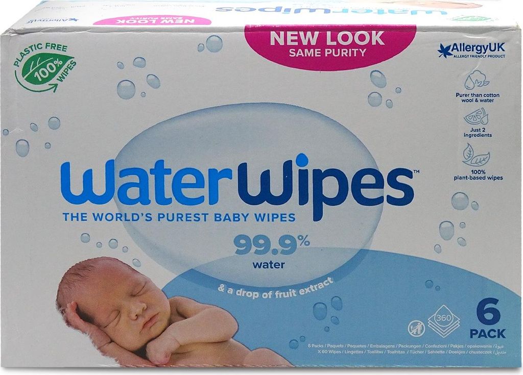 WaterWipes Sensitive+ Newborn & Baby Feuchttücher, 99,9% Wasser, parfümfrei, 6 x 60 Stück