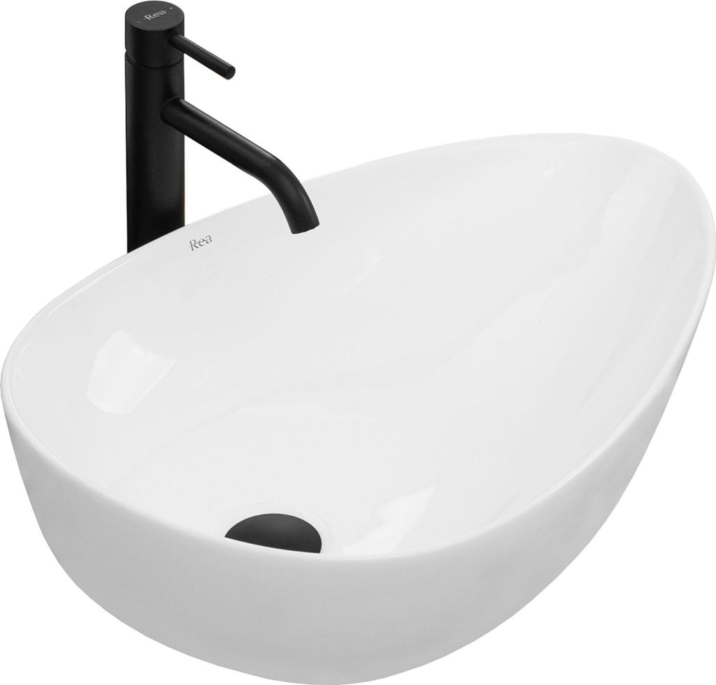 A white oval basin with a black faucet.
