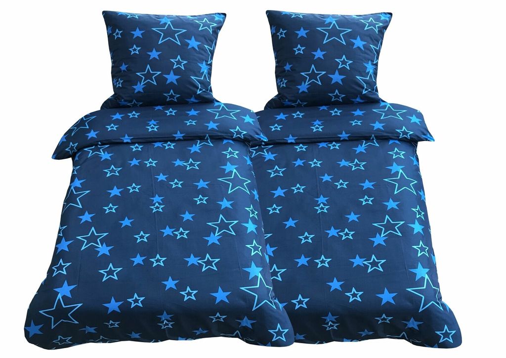 4 teilige Bettwäsche 135x200 cm Sterne  Star blau Mikrofaser 