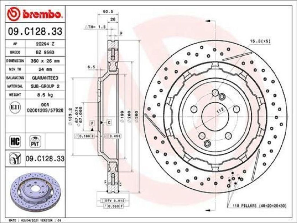 Brembo Bremsscheibe hochgekohlt innenbelüftet beschichtet 5-Loch 360 mm Außendurchmesser 26 mm Dicke
