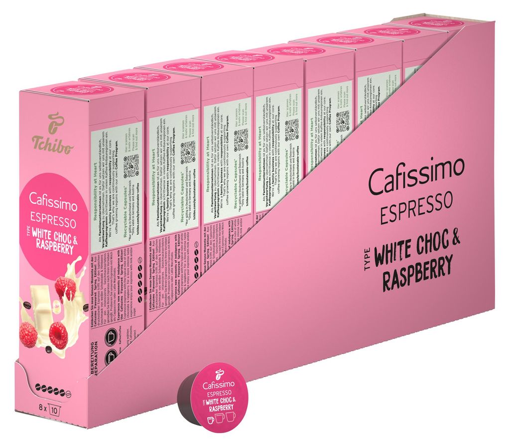 Tchibo Cafissimo Espresso Raspberry White Choc Kaffeekapseln, 80 Stück - 8 x 10 Kapseln (Espresso, Geschmack von weißer Schokolade und Himbeere),...