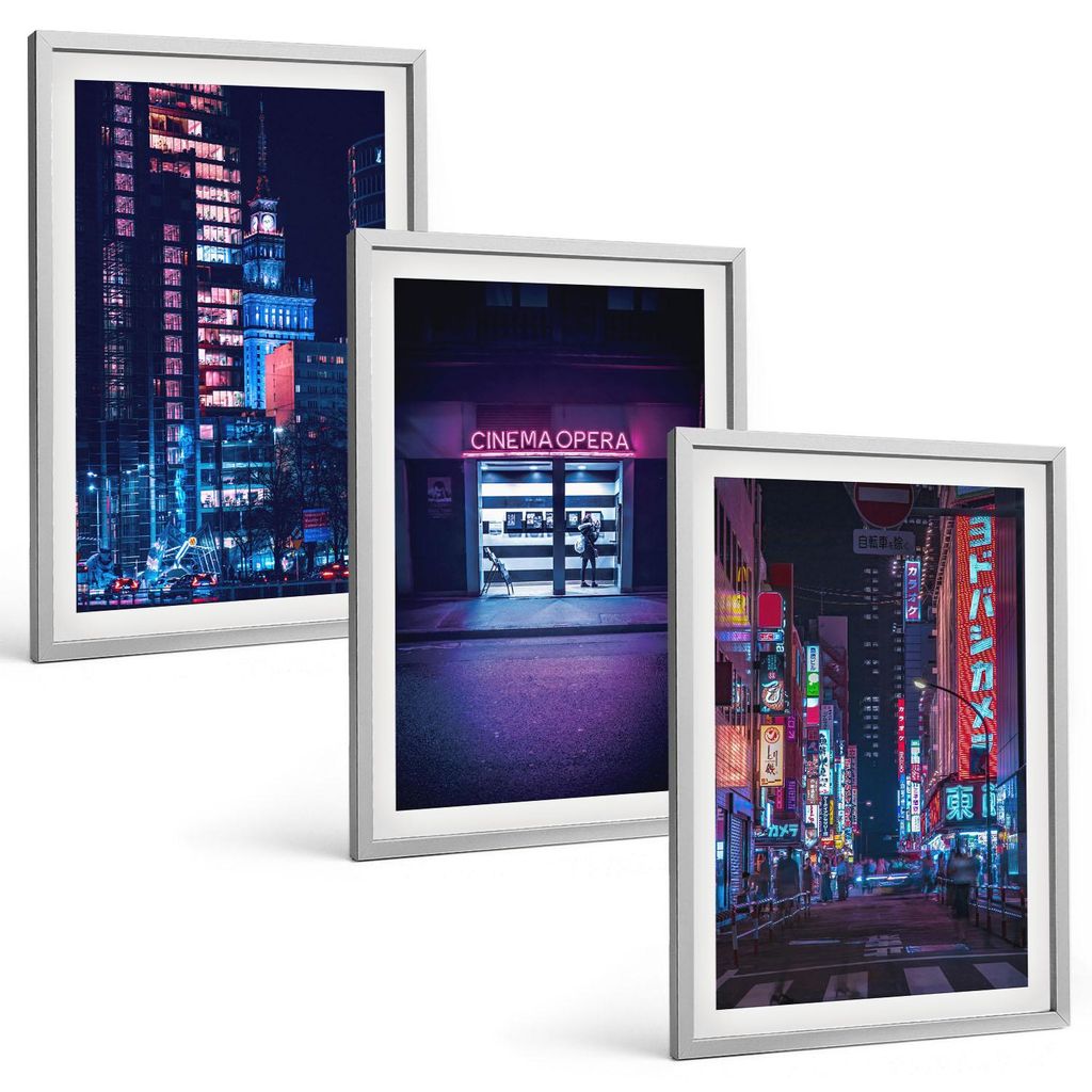 Bilder Set 3-teilig im silbergerahmten Rahmen – Wandbilder 3 Stück – gerahmte Poster für Wohnzimmer, Schlafzimmer und Flur – 40x60 cm – N...