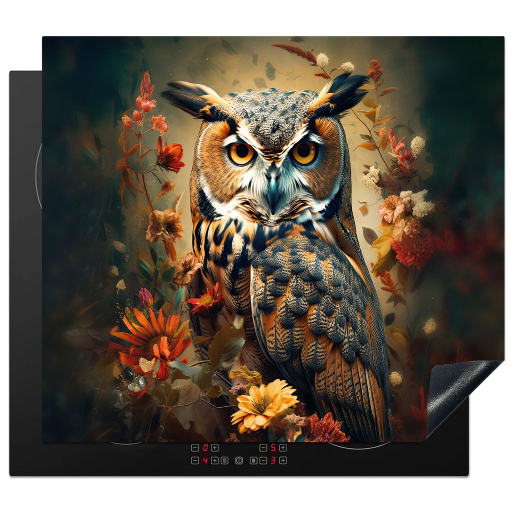 KitchenYeah Herdabdeckplatte Eule - Vogel - Blumen - Botanisch , 57x51cm, Küche Deko, Glaskeramikkochfeld Herdabdeckung, Abdeckplatte fùr Kochfeld