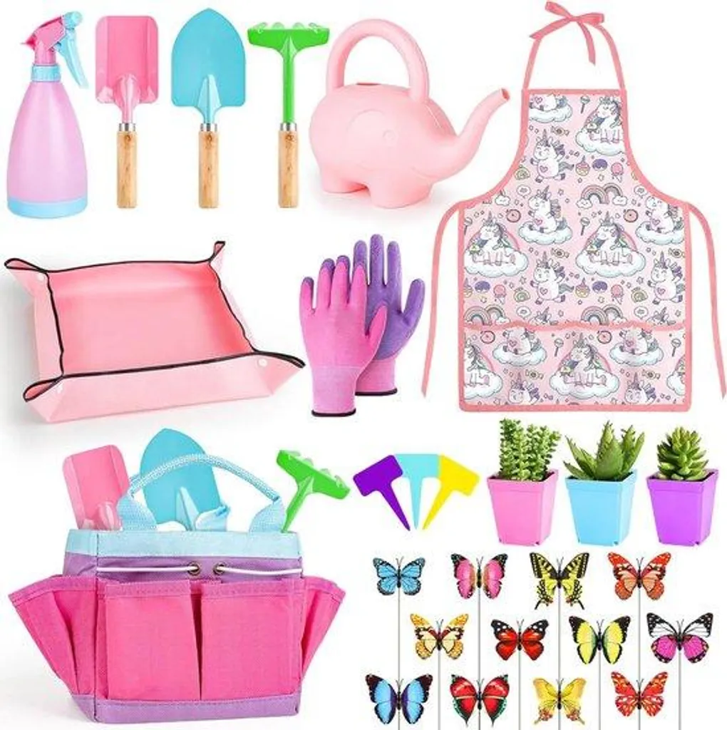 Jardinage enfant : ensemble pelle houe fourche et gants roses complet