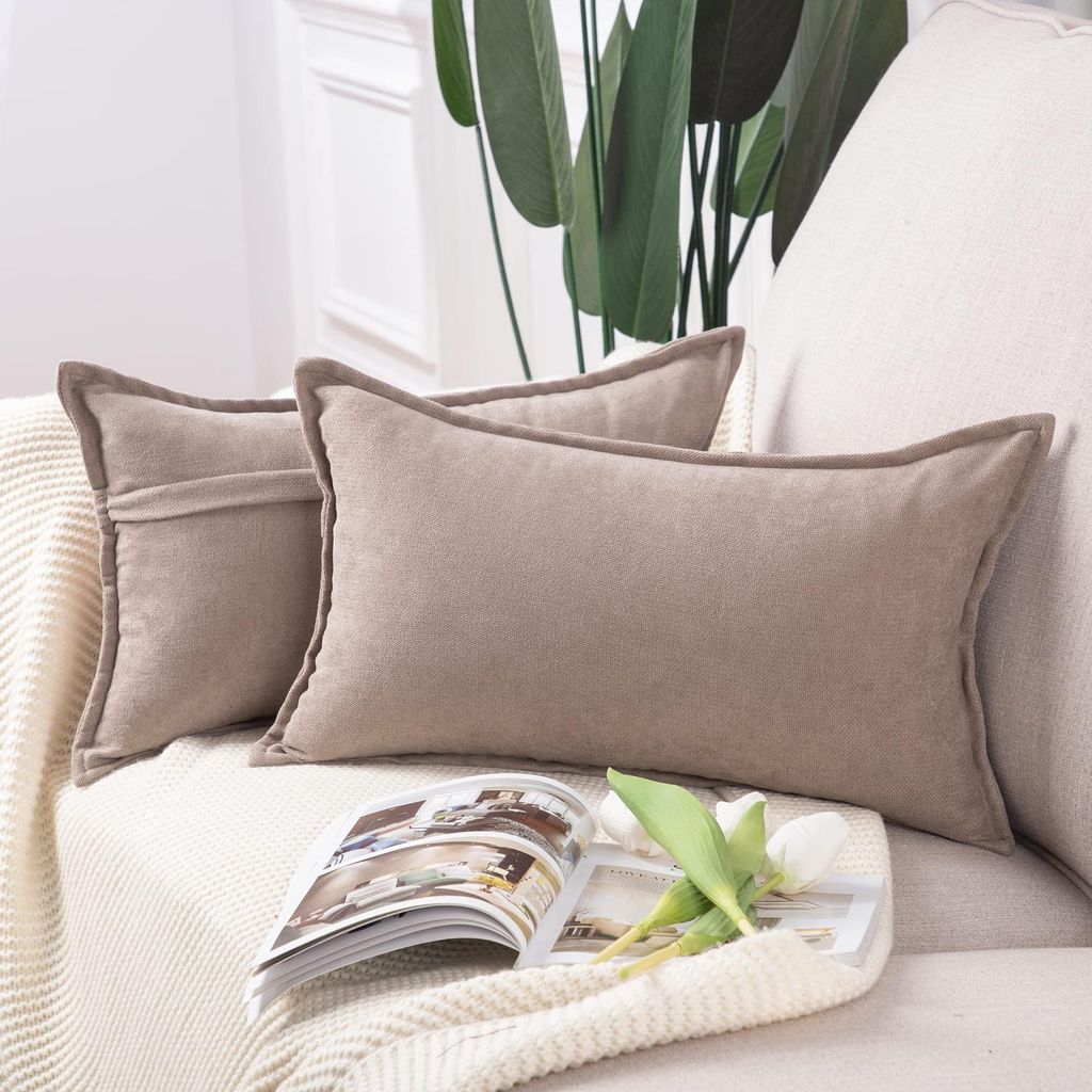 Set mit 2 dekorativen Chenille-Kissenbezügen, weiche Zierkissenbezüge für Sofa und Schlafzimmer, helltaupe, 40 x 60 cm, rechteckig