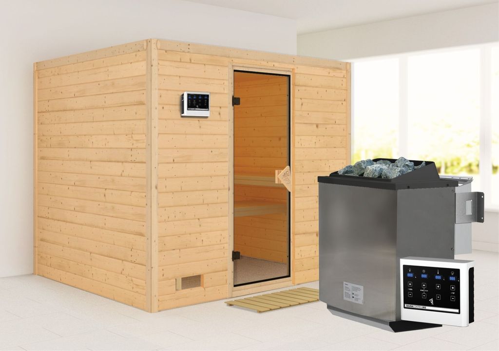 Karibu Sauna Innensauna Sonara Fronteinstieg Ofen 9 kW externe Strg easy 231x195x200 cm ohne Dachkranz mit Bronzierter Tür