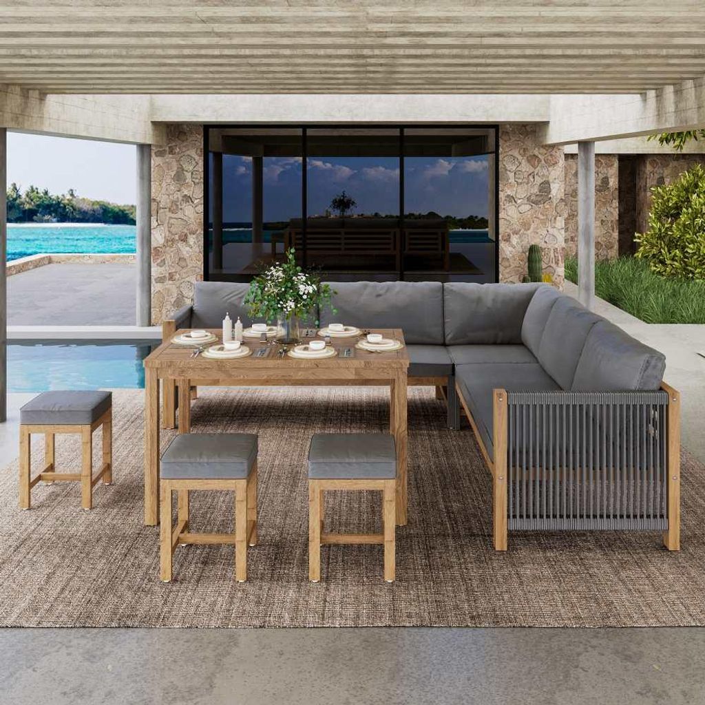 Hochwertige Garten-Essgruppe aus Polyrattan mit Kissen, grauem Ecksofa, Tisch aus Akazienholz, ideal für 7–8 Personen, inkl. Hocker und Tisch.