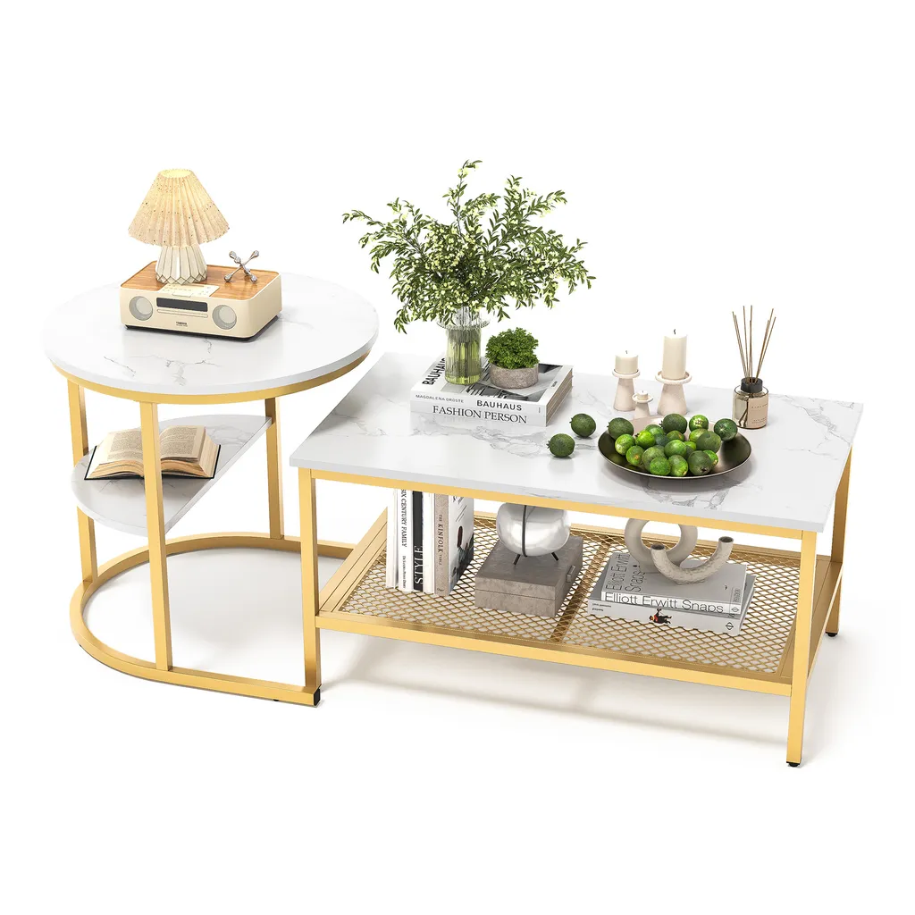 Tavolino Marmo Bianco e Oro - Design Moderno Elegante per Salotto - 2
